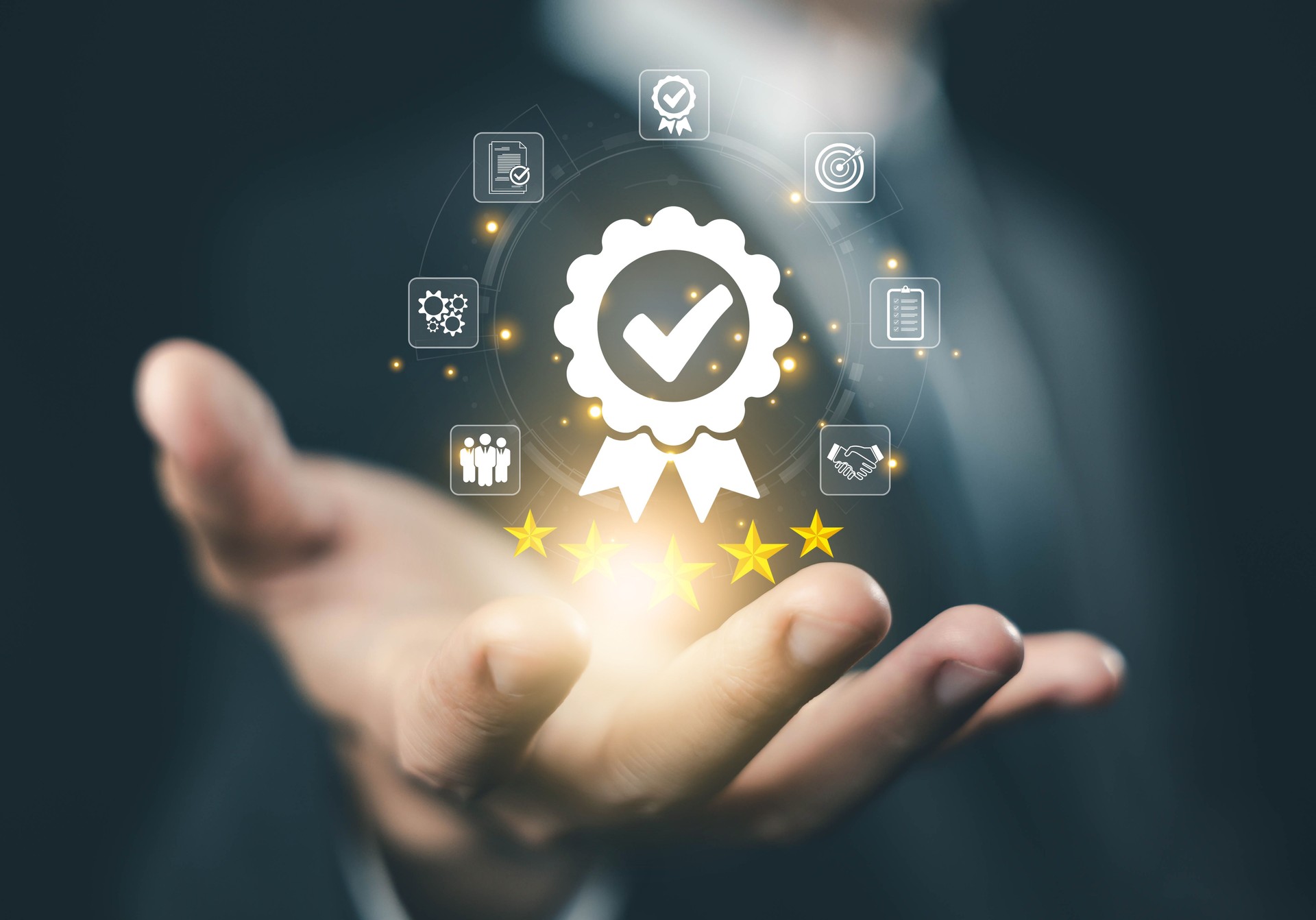 Businessman holding virtual quality award badge with five-star rating and business icons, representing excellence, trust, high standards, customer satisfaction, and brand reputation. quality control