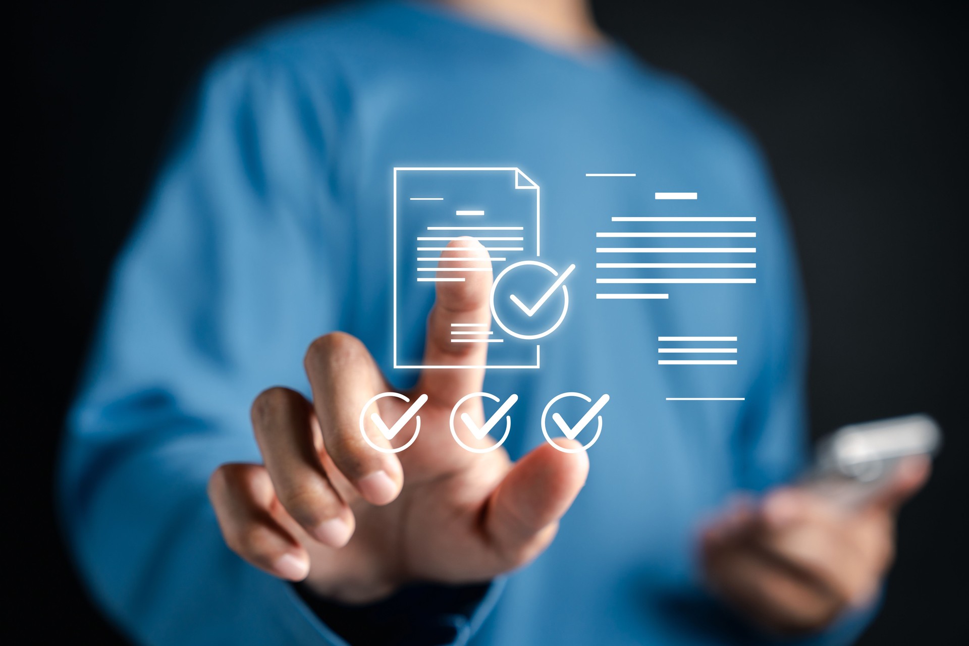 Digital form checklist with approval marks, compliance verification, task management, audit validation, electronic document workflow, and corporate administration process.